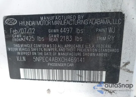 2012 Hyundai Sonata Limited 2.0T z USA, uszkodzony, nr VIN 5NPEC4ABXCH469141